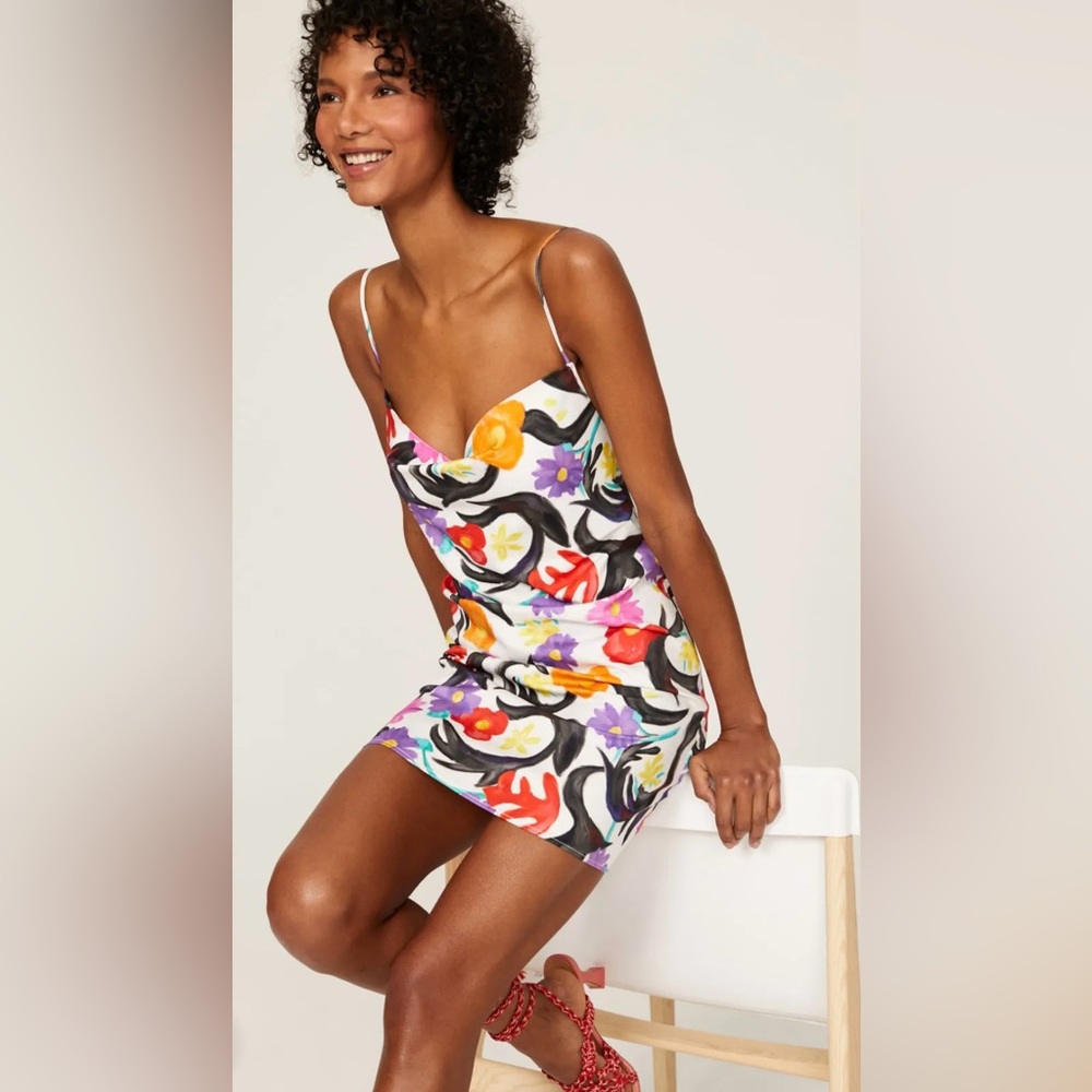 Stella Jean Multicolor Floral Cowl Mini Dress with open back.
